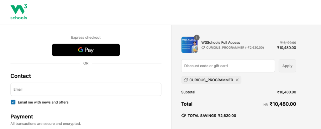 w3schools discount code